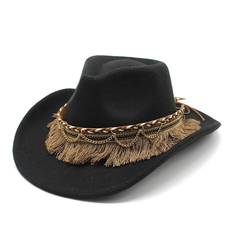 Cowboy-hattu naisille ja miehille tupsut Jazz-lippis, villainen 57 58 cm, etninen tyyli kaareva reuna korkealaatuinen Cowgirl NZ0062 hinta ja tiedot | Miesten hatut, huivit ja käsineet | hobbyhall.fi