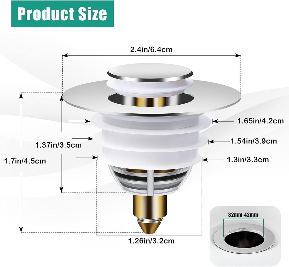 Altaan tulppa Universal POP UP pesualtaan tulppa, tyhjennysaukon kansi 32 41 mm hinta ja tiedot | Keittiöallas- ja hanatarvikkeet | hobbyhall.fi