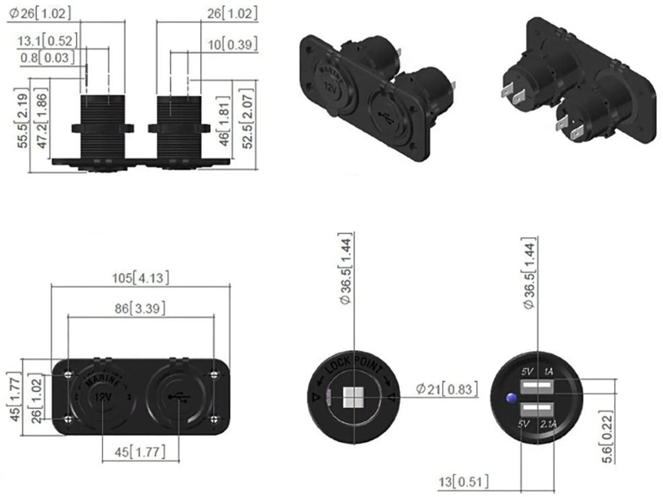 Sovitin kahdella USB-liitännällä Pistorasialiitännällä Auto kuorma-auto Moottoripyörä 12V 24V, musta hinta ja tiedot | Moottoripyörien lisätarvikkeet | hobbyhall.fi