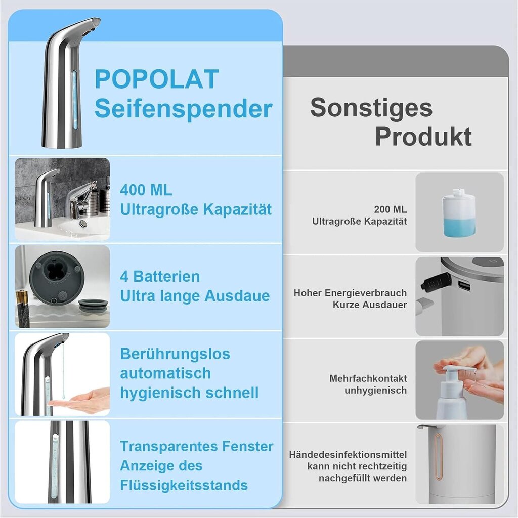 Automaattinen kosketusvapaa saippuanannostelija, 400 ml automaattinen saippuanannostelija, IPX6, hopea hinta ja tiedot | Huonetuoksut | hobbyhall.fi