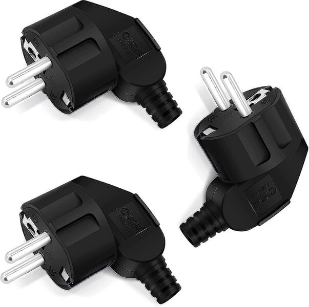 Schuko Plug Kulmikas pistoke 3 kpl, maadoitusliitin, jossa kiertymisenestoholkki, pistoke 250v (16a), virtapistoke kulmikas pistoke ulkopuolella