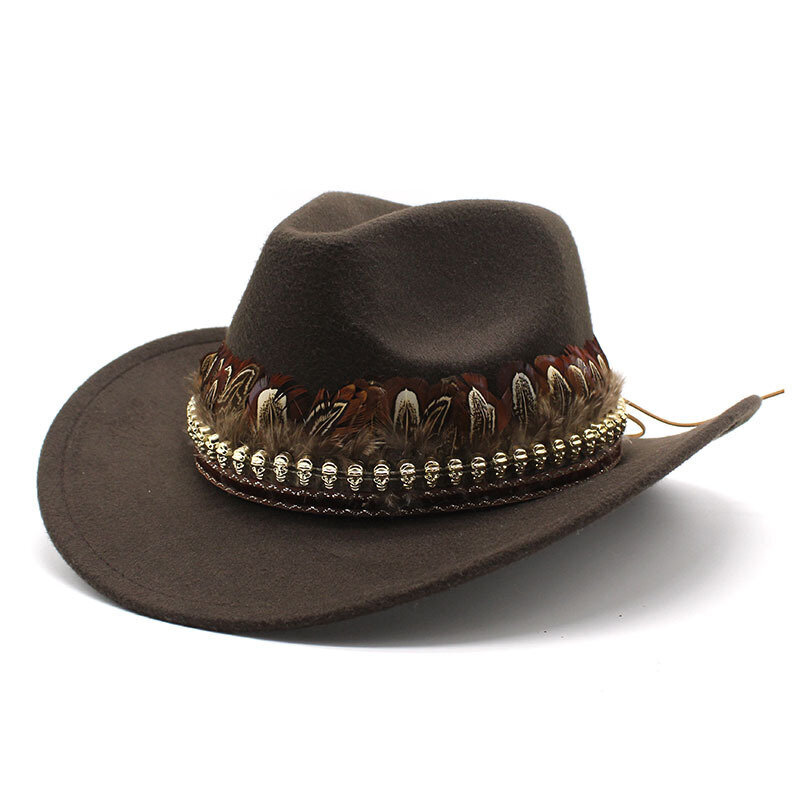 Unisex Cowboy-hatut Intian tyyliset länsimaiset lippalakit naisille ja miehille villaiset 57 58 cm koristehöyhenet leveät olkaimet Four Seasons hinta ja tiedot | Miesten hatut, huivit ja käsineet | hobbyhall.fi