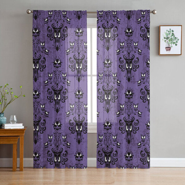 Halloween Haunted Mansion Purppura Musta Tylli Ikkuna Verhot Olohuone Organza Sheer Voile Verho Makuuhuone Keittiö Kodin sisustus