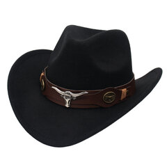 Western Black Cowboy Hat Jazz Knight Hatut miehille Etnisen tyylin huopahatut härän muotoisella sisustuksella Grassland Country Hat Sombrero hinta ja tiedot | Miesten hatut, huivit ja käsineet | hobbyhall.fi