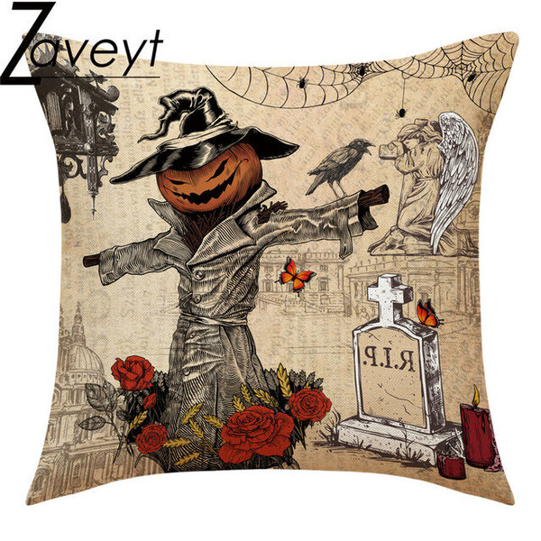 16/18/20/24" Halloween Retro tyynynpäällinen painettu tyynyliina punainen kukka kurpitsa Scarecrow Cat Skull pellava tyynyliina