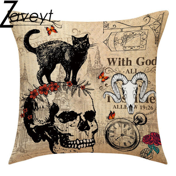 16/18/20/24" Halloween Retro tyynynpäällinen painettu tyynyliina punainen kukka kurpitsa Scarecrow Cat Skull pellava tyynyliina