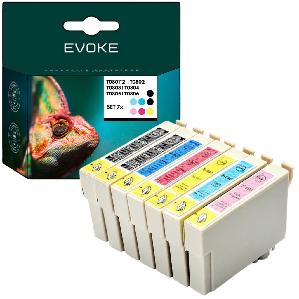 Setti 7 Epson 801 XL tulostimen mustekasettia = 2x T0801 + T0802 + T0803 + T0804 + T0805 + T0806 , 2x 15 ml ja 500 sivua mustaa , 14 ml ja 470 sivua kutakin väriä , C13T0808014010 / T0801 , yhteensopi hinta ja tiedot | Mustekasetit | hobbyhall.fi