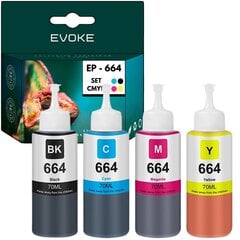 SET 4 pulloa Epson 664 tulostinmustetta, 4x 70ml, 6400 sivua kukin, patruunat yhteensopivia IEcoTank L110, L120, L121, L485, L455, L365, L386, L385, L382, L380, L355, ITS L3050, L3060, L3070 kanssa. hinta ja tiedot | Evoke Toimistolaitteet ja -tarvikkeet | hobbyhall.fi