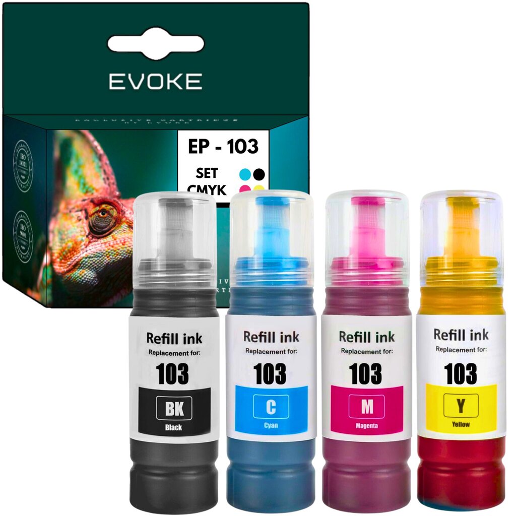 Epson 103 CMYK -tulostinmustesarja, 4 pulloa, 70 ml kutakin väriä, yhteensopiva EcoTank L1110, L1250, L3100, L3110, L3150, L3160, L3210, L3211, L3250, L3251, L3256, L5190, L5290, L5590 kanssa. hinta ja tiedot | Mustekasetit | hobbyhall.fi