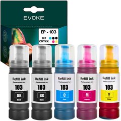 Epson 103 CMYK -tulostinmustesarja, 5 pulloa, 140 ml mustaa, 70 ml CMY, yhteensopiva EcoTank L1110, L1250, L3100, L3110, L3150, L3160, L3210, L3211, L3250, L3251, L3256, L5190, L5290, L5590, EcoTank L hinta ja tiedot | Evoke Toimistolaitteet ja -tarvikkeet | hobbyhall.fi