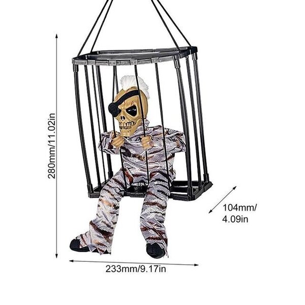 Halloween-koristelu Vanki-aave häkissä Pelottava pääkallotuki Sähköinen luurankolelu hehkuva silmän ääni nukke ripustettava puhuva haamu