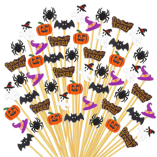 120 kpl Halloween Cocktail Picks Pumpkin Spider Ghost Bamboo Alkupala Hammastikkut Jälkiruokatikkuja kakkuruokien juhlien koristeluun