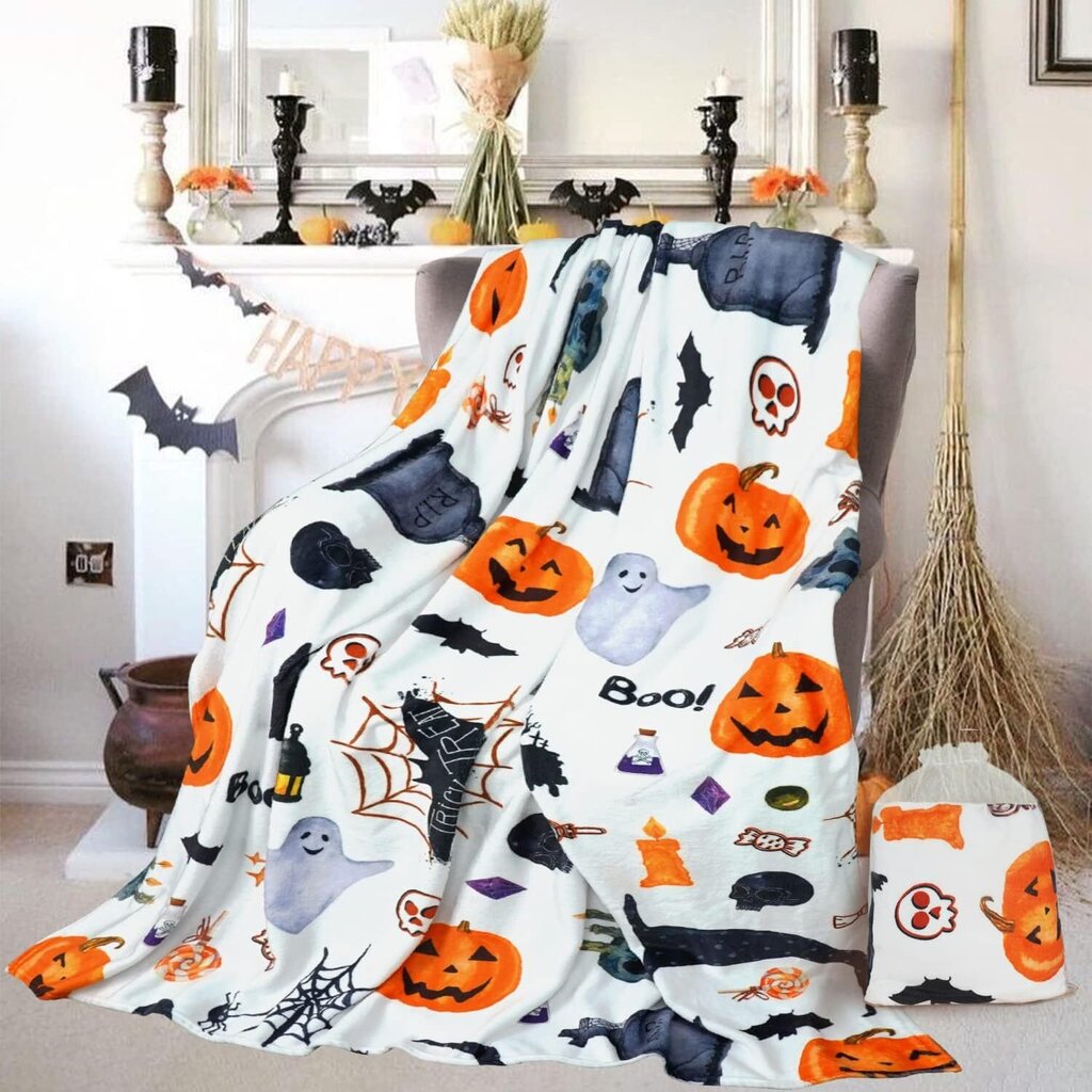 Halloween-peitto - Bat Ghost Pumpkin -peitto - Viihtyisä Halloween-koristelu juhlavuodesohvaan Olohuone 50"x60" tyyli-7 hinta ja tiedot | Peitot | hobbyhall.fi