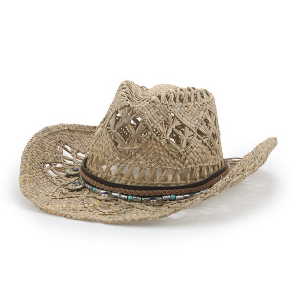 Muoti Koverrettu Käsintehty Cowboy Olkihattu Naiset Miehet Kesä Ulkoilu Ranta Aurinkohatut Unisex Solid Länsi Aurinkovarjo Cap Hot