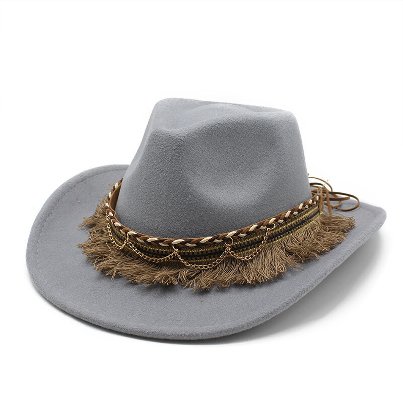 Cowboy-hattu naisille ja miehille tupsut Jazz-lippis, villainen 57 58 cm, etninen tyyli kaareva reuna korkealaatuinen Cowgirl NZ0062 hinta ja tiedot | Miesten hatut, huivit ja käsineet | hobbyhall.fi