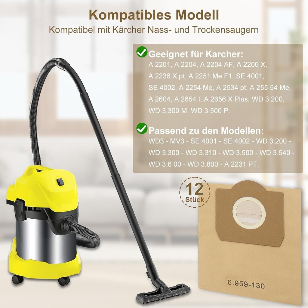 12 kpl Yhteensopiva pölynimurin suodatinpussin kanssa Karcher 6.959-130.0 WD3200 WD3300 hinta ja tiedot | Pölynimureiden lisätarvikkeet | hobbyhall.fi