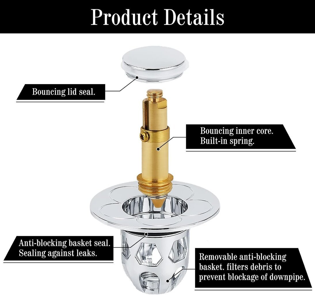 Tiskialtaan tyhjennystulppasarja 2 kpl, tiskialtaan tulppa Pop up yleinen tyhjennyssuodatin, halkaisija 34 40 mm, hopea hinta ja tiedot | Keittiöaltaat | hobbyhall.fi