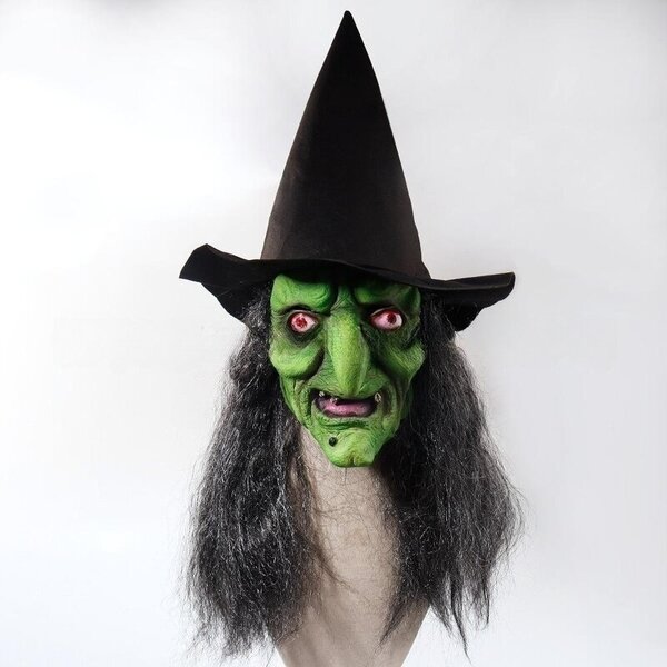 Wizard Green Face -kauhunaamio pitkillä hiuksilla, Halloween Party -lateksipäähineet, aikuisten 3D Witch Cosplay -pelottavat rekvisiitta