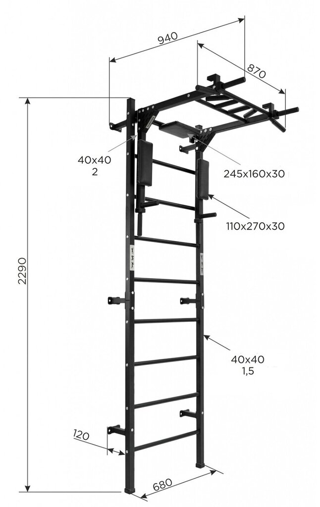 Urheilukompleksi San Pro, 229x68 cm, valkoinen hinta ja tiedot | Puolapuut ja voimisteluseinät | hobbyhall.fi