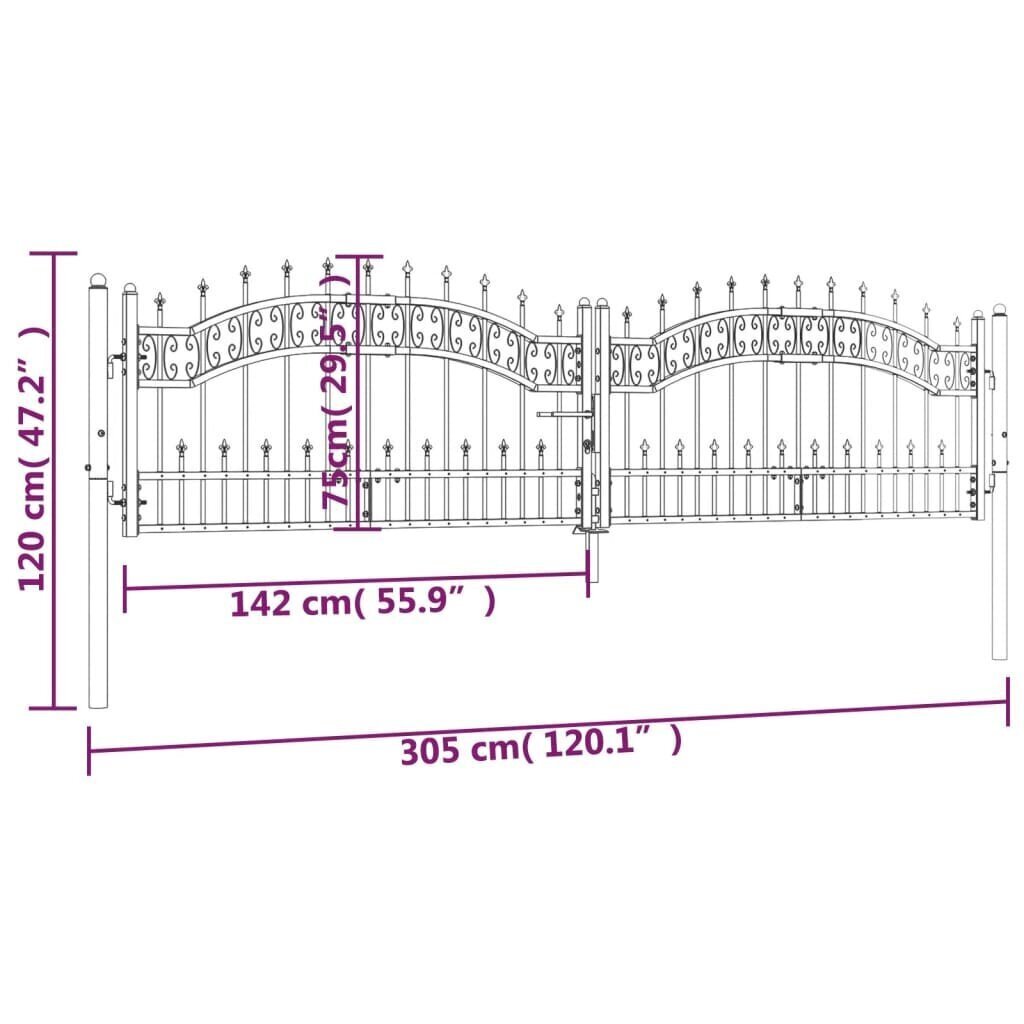 vidaXL Puutarhaportti keihäskärjet musta 305x120cm jauhemaalattu teräs hinta ja tiedot | Aidat ja tarvikkeet | hobbyhall.fi