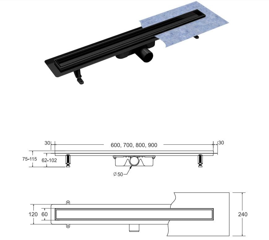 Suihkukanava Virgo Nero Duo, musta mattapintainen, 60 cm hinta ja tiedot | Lattiakaivot | hobbyhall.fi