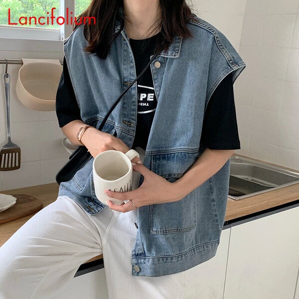 (L-sininen)Ylisuuret Sininen Denim Vest Naisten 2024 Vintage LOOSE Korean Musta Hihaton BF Cargo Basic HarajukuTank Top Jeans Liivitakki