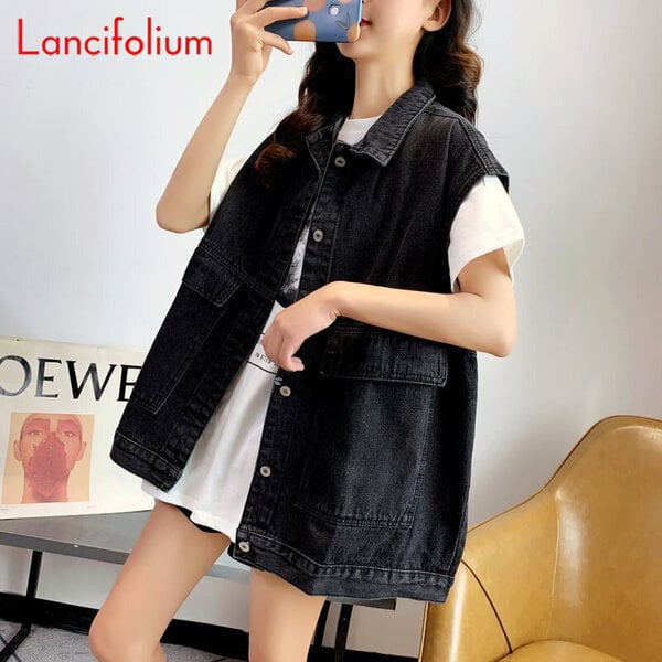 (xxxL-musta)Ylisuuret Sininen Denim Vest Naisten 2024 Vintage LOOSE Korean Musta Hihaton BF Cargo Basic HarajukuTank Top Jeans Liivitakki