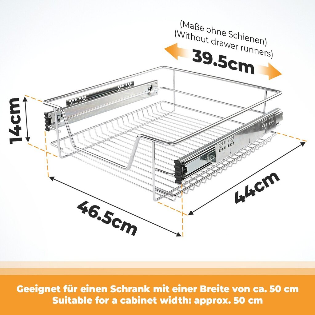 Teleskooppinen laatikko - 50 cm, 1 kpl, kiskoilla, sopii 30, 40, 50 tai 60 cm leveisiin kaappeihin, kromattu, keittiölaatikko, ''HB''. hinta ja tiedot | Vuodevaatelaatikot | hobbyhall.fi