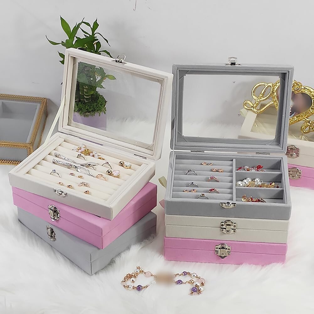 7 Slots Ring Organizer -tarjotin Sormuspidike Säilytyslaatikko Korukorvakorujen järjestäjä kirkkaalla kannella korujen näyttökotelolle Harmaa hinta ja tiedot | Varastohyllyt | hobbyhall.fi