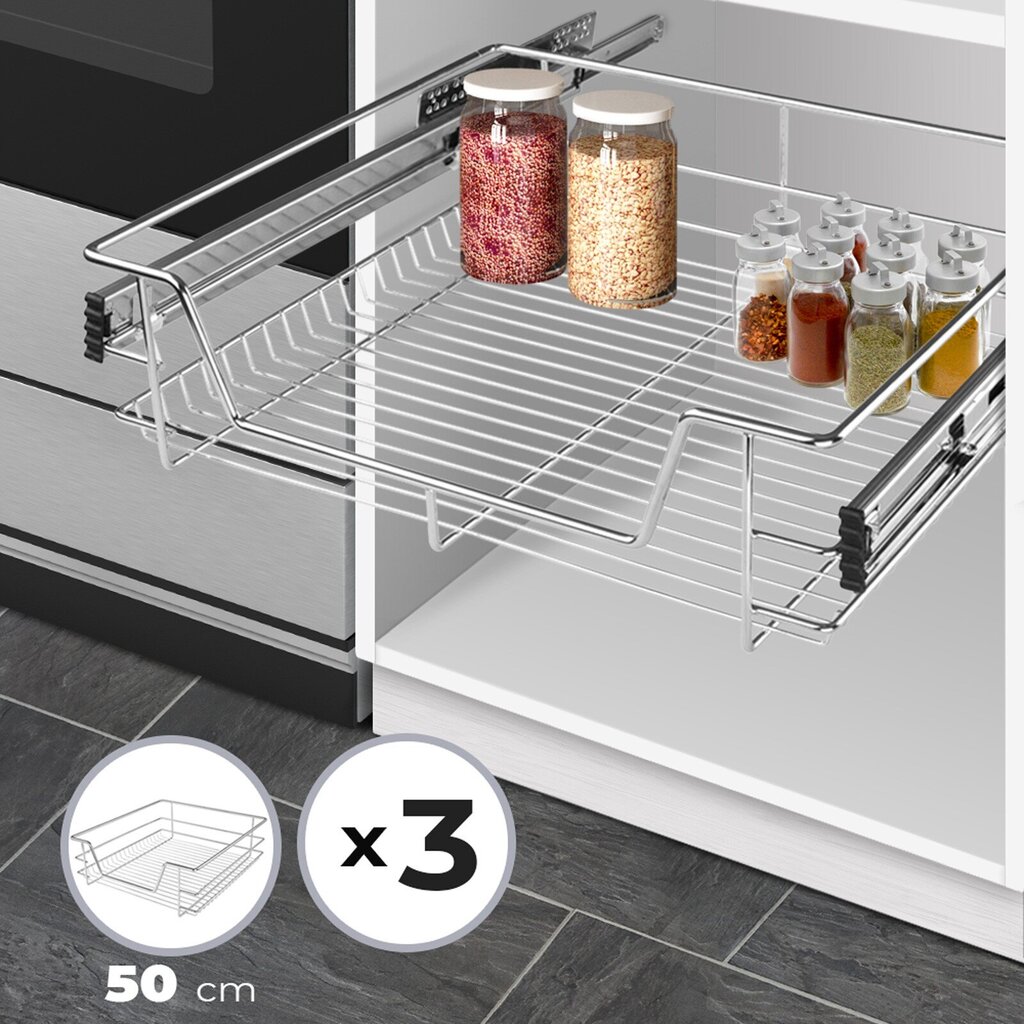 Teleskooppinen laatikko - 50 cm, 3 kpl sarja, sisältäen kiskot, kaapin leveydelle 30, 40, 50 tai 60 cm, kromattu, keittiölaatikko, "HB". hinta ja tiedot | Vuodevaatelaatikot | hobbyhall.fi