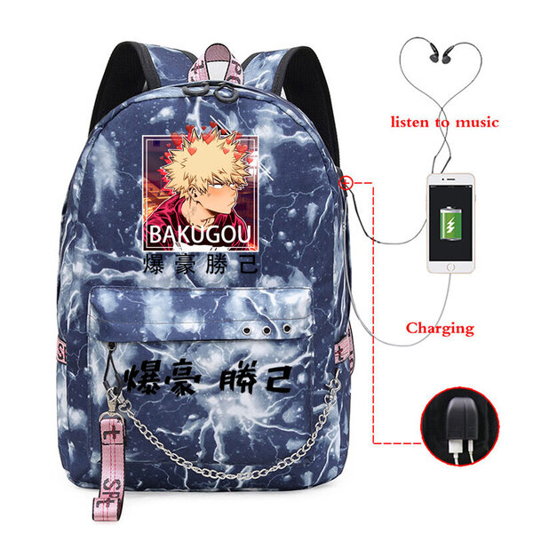 Academia Katsuki Bakugo Reppu Teinityttöjen Poika Koulureppu USB Latausportti Kannettava tietokone Laukku Anime Nylon Mochila Escolar