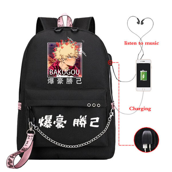 Academia Katsuki Bakugo Reppu Teinityttöjen Poika Koulureppu USB Latausportti Kannettava tietokone Laukku Anime Nylon Mochila Escolar