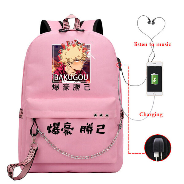 Academia Katsuki Bakugo Reppu Teinityttöjen Poika Koulureppu USB Latausportti Kannettava tietokone Laukku Anime Nylon Mochila Escolar