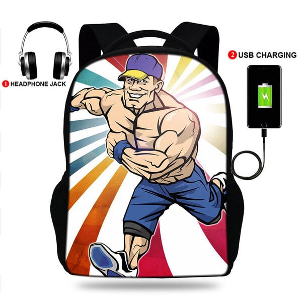 USB-laturi koulureppu teini-ikäisille pojille ja tytöille WWE John Cena Classic Wrestling Print -reppu miesten kannettava tietokone