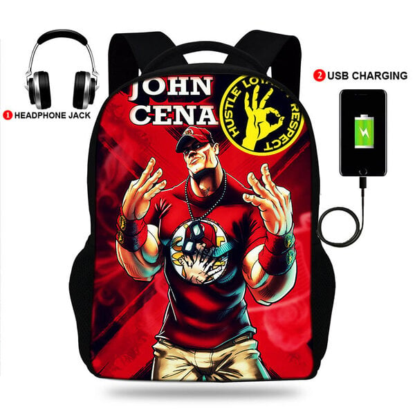 USB-laturi koulureppu teini-ikäisille pojille ja tytöille WWE John Cena Classic Wrestling Print -reppu miesten kannettava tietokone