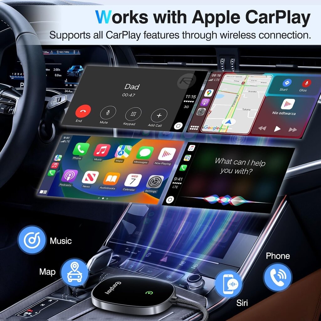 Langaton CarPlay-sovitin 2024 päivitetty, muuntaa tehdaslangallisen CarPlayn langattomaksi, plug and play -autopelisovittimeksi, yhteensopiva iPhonen kanssa Saumaton yhteys (musta) hinta ja tiedot | Adapterit | hobbyhall.fi