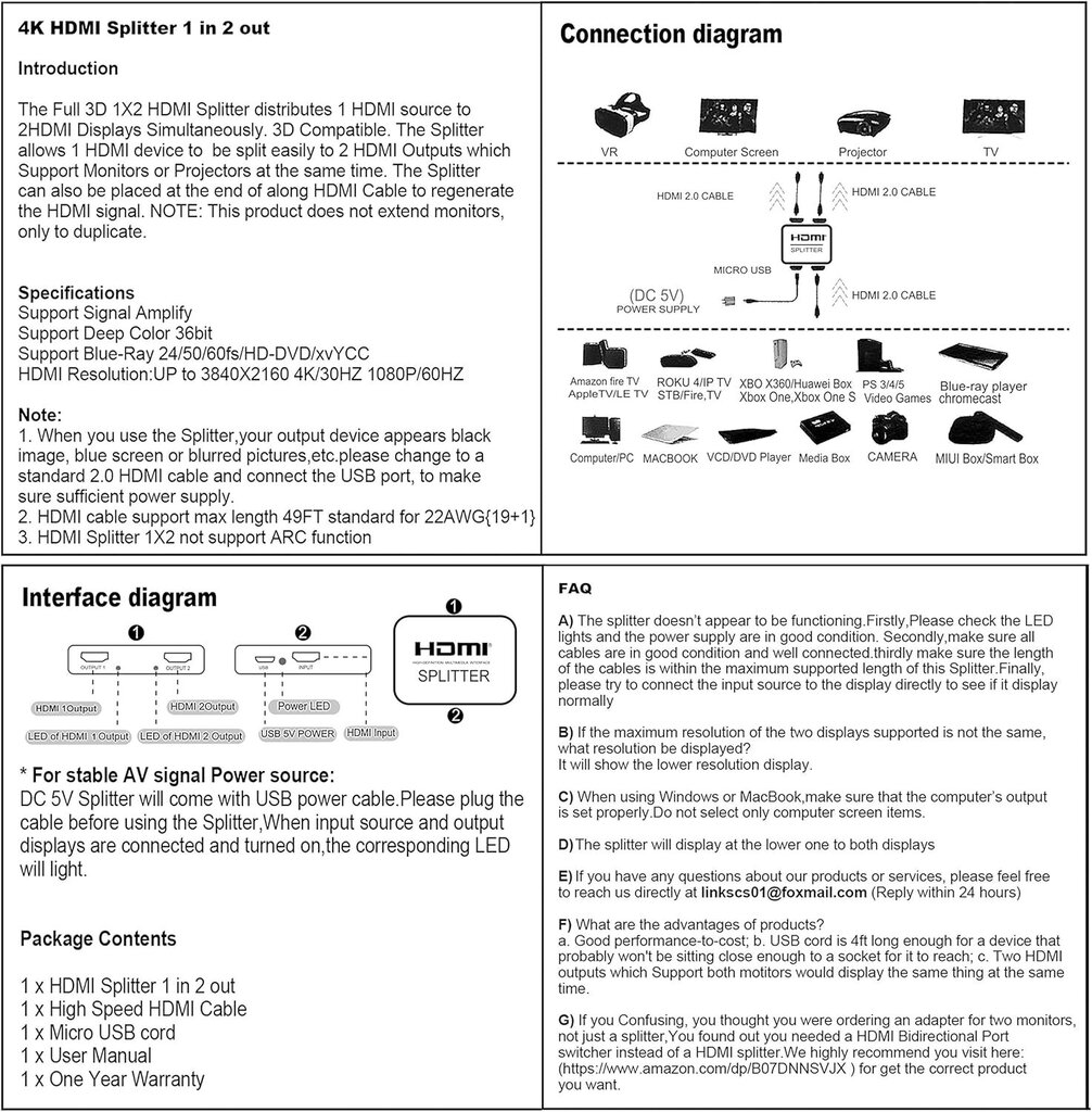 HDMI-jakaja 1 in 2 ulos, 4 jalan HDMI-kaapelilla 】 4K HDMI-jakaja vain kahden näytön kopiointiin / peiliin, 1x2 HDMI-jakaja 1-2 jakelija 1080P 3D: lle, 1 lähde kahdelle identtiselle näytölle hinta ja tiedot | Adapterit | hobbyhall.fi