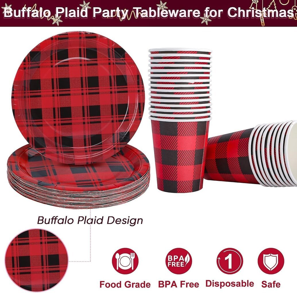 Liangnv Buffalo Plaid -juhlaastiat, punaiset ja mustat Buffalo-lautaset ja lautasliinasetti, kupit, paperipillit syntymäpäivän joulujuhliin hinta ja tiedot | Astiat | hobbyhall.fi