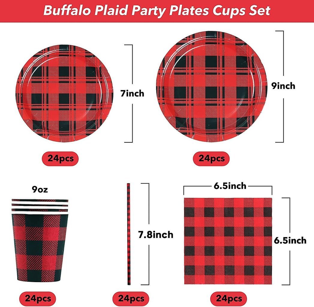 Liangnv Buffalo Plaid -juhlaastiat, punaiset ja mustat Buffalo-lautaset ja lautasliinasetti, kupit, paperipillit syntymäpäivän joulujuhliin hinta ja tiedot | Astiat | hobbyhall.fi