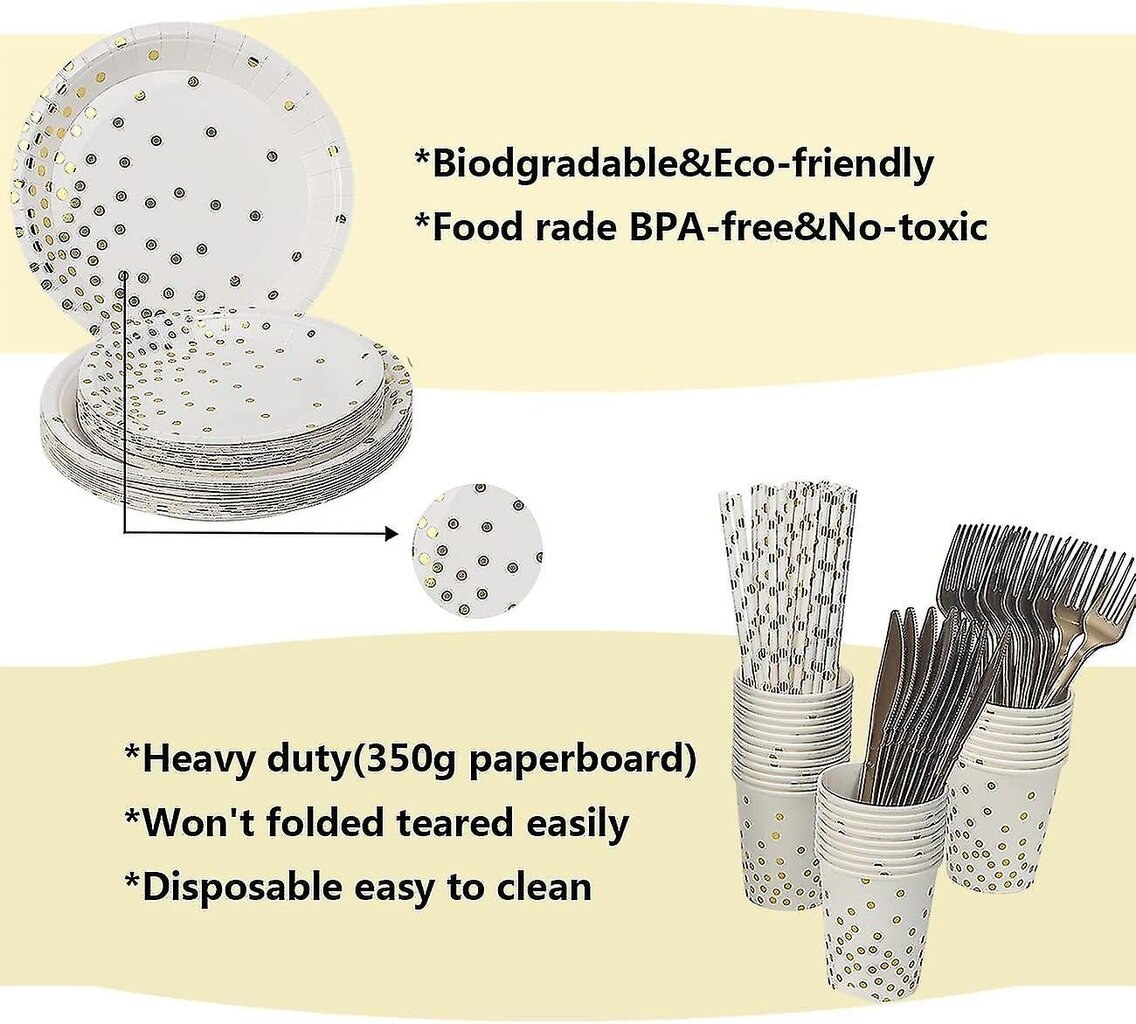 Juhlatarvikesarja, valkoiset ja kultaiset kertakäyttöiset paperilautaset Pöytäastiat Lautasliinat Kupit Juhla-astiat syntymäpäivän valmistujaislautasille, joulupaperilautanen hinta ja tiedot | Astiat | hobbyhall.fi