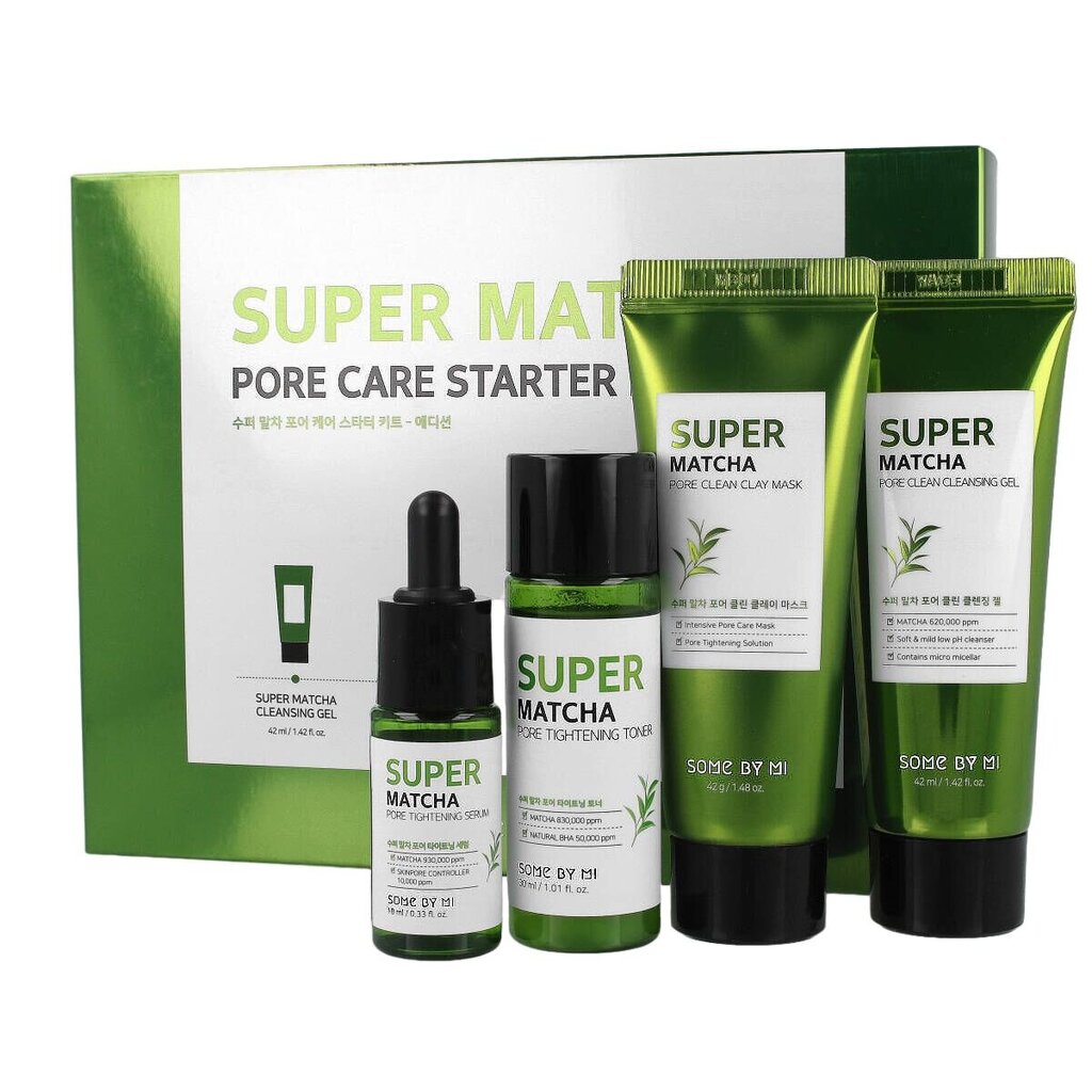 Setti Some By Mi Super Matcha Pore Care Starter Kit naisille: pesugeeli, 42 ml + kasvonaamio, 42 g + kasvovesi, 30 ml + kasvoseerumi, 10 ml hinta ja tiedot | Kasvoöljyt ja seerumit | hobbyhall.fi