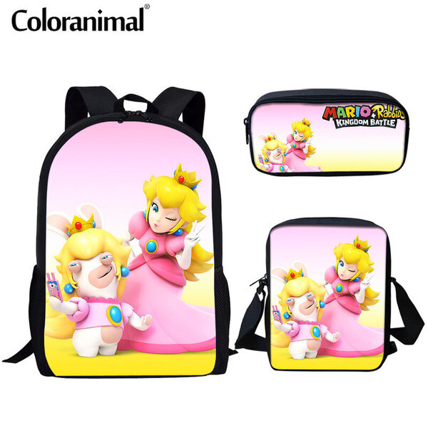 Coloranimal 3kpl/setti Tyttöjen poikien koulureppu & Crossbody Bag & Pencil Bag Ihastuttava Princess Peach Pattern -koulureppu 2020