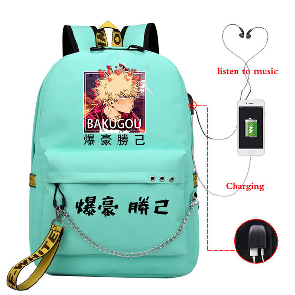 Academia Katsuki Bakugo Reppu Teinityttöjen Poika Koulureppu USB Latausportti Kannettava tietokone Laukku Anime Nylon Mochila Escolar