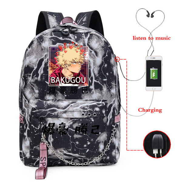 Academia Katsuki Bakugo Reppu Teinityttöjen Poika Koulureppu USB Latausportti Kannettava tietokone Laukku Anime Nylon Mochila Escolar