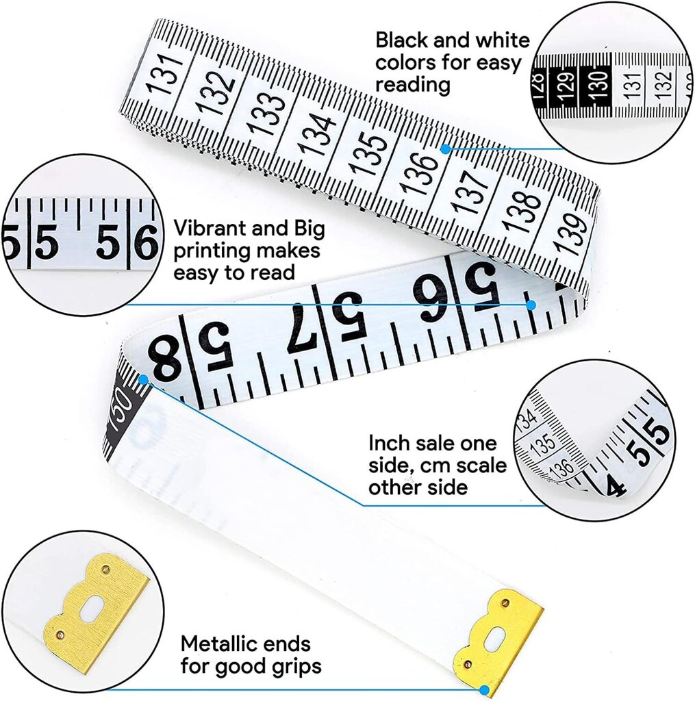 Kaksipuolinen mittanauha ompeluun, Rinta, Vyötärö, 150 cm, Valkoinen hinta ja tiedot | Ompelutarvikkeet | hobbyhall.fi