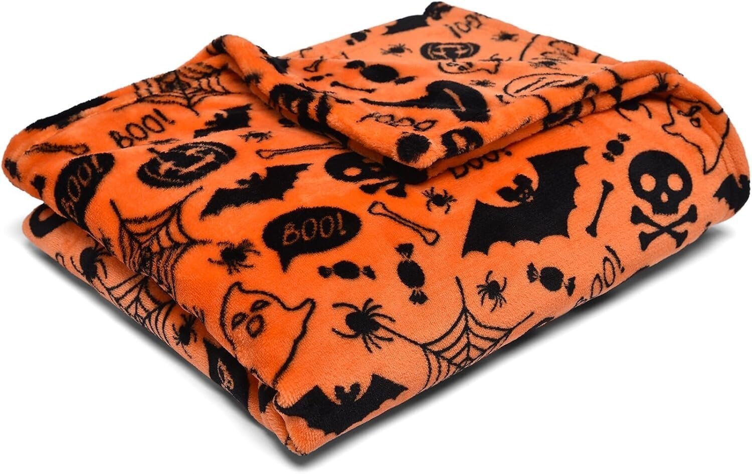 Halloween Fleece -peitto (120 x 150 cm) - Superpehmeä ja mukava fleece oranssina - Oranssi Spooky Bats & Skulls -heittopeitto (Snuggy) hinta ja tiedot | Pehmolelut | hobbyhall.fi