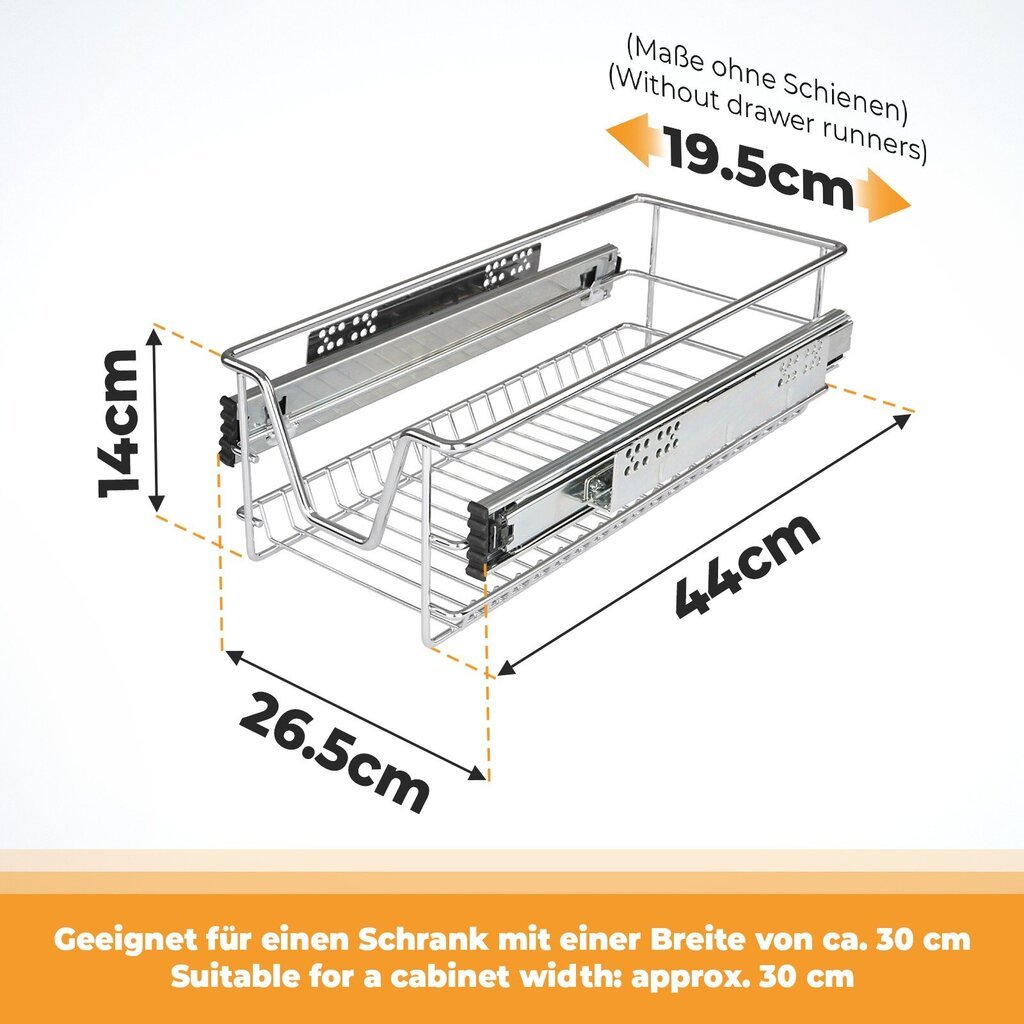 Teleskooppilaatikko - 30 cm, 1 kpl setti, sisältäen kiskot, kaapin leveydelle 30 cm, kromattu, keittiölaatikko, ''HB''. hinta ja tiedot | Vuodevaatelaatikot | hobbyhall.fi