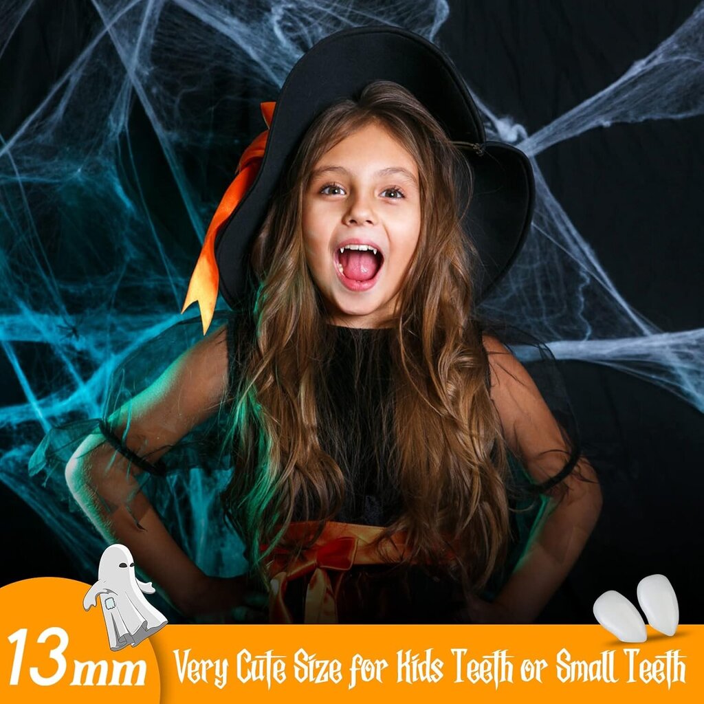 Vampire Teeth Cosplay Halloween Decorations Kids Party Hampaat liimalla 3 paria vampyyrihampaiden proteeseja (1,3 cm, 1,5 cm, 1,7 cm) hinta ja tiedot | Juhlakoristeet | hobbyhall.fi