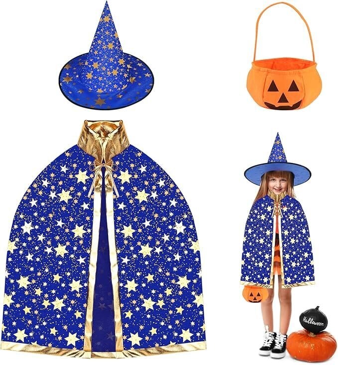 Lasten Halloween-asut Noidat Viitta hattulla Pojat Tytöt Cosplay Juhla Noidat Viitta Lavaesitys Puvut Asusteet-Sininen (80cm-140cm) hinta ja tiedot | Juhlakoristeet | hobbyhall.fi