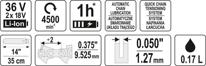 Langaton moottorisaha 14" 36V (ilman akkua ja laturia) Yato (YT-82813) hinta ja tiedot | Moottorisahat | hobbyhall.fi